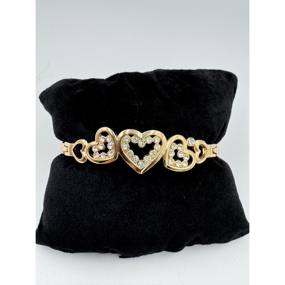 Gold Tone Open Hearts Rhinestone Hinged Bangle Bracelet